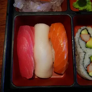 Salmon, red and white tuna sashimi.