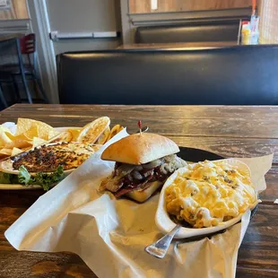 Brisket sandwich w/ side of southern spiced macaroni  Crab and shrimp dip