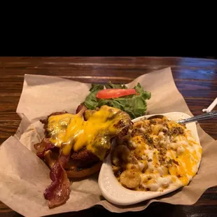 Crispy chicken sandwich and southern spicy macaroni and cheese