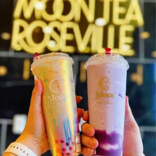 Left: Golden Phoenix Milk Tea + Boba Right: Ube Taro Smoothie