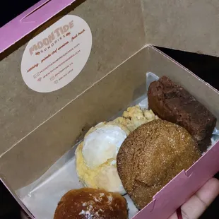 Holiday Treat Box: Chocolate Brownie, Ginger Molasses Cookie, Citrus Crinkle Cookie, Apple Pie Bar, &amp; Brioche Roll with Golden Raisin.