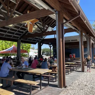 a group of people sitting at picnic tables