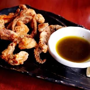 Geso Karaage: deep fried squid legs, lime, Asian pesto ($10).