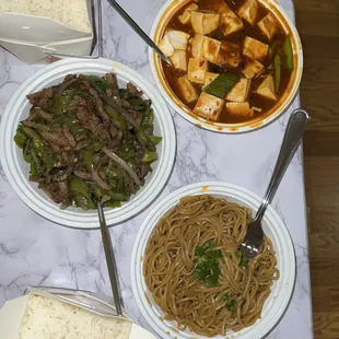 Mapo Tofu (V), Scallion Sauce Noodles (V), Shredded Beef with Green Chili