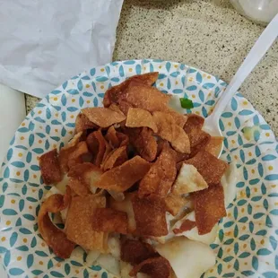 Burned wonton crisps to add to wonton soup.