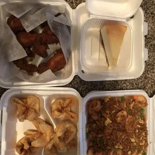 I ordered  101. Chicken Egg Roll 104. Crab Rangoons 106. Fried Chicken Wings Jumbo Shrimp Fried Rice Cheese Cake.