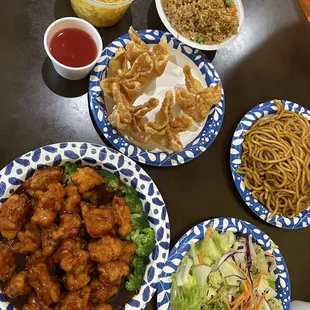 120. General Tso's Chicken, 4. Crab Rangoon, 39. Lo Mein Combo, 21. Egg Drop and Wonton Soup and house salad.
