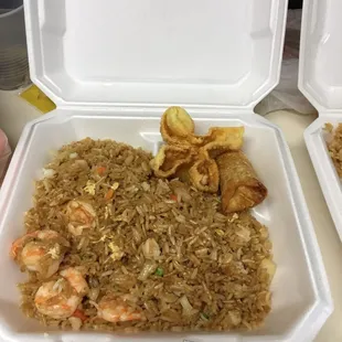 Shrimp fried rice, crab Rangoon and egg roll