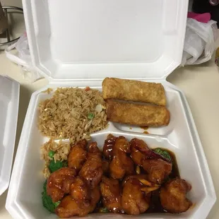 Orange chicken, 2 egg rolls and fried rice
