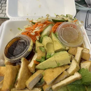 a tray of food with salad and dressing