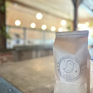 a bag of coffee on a counter