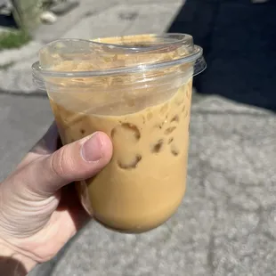 Iced vanilla latte with oat milk