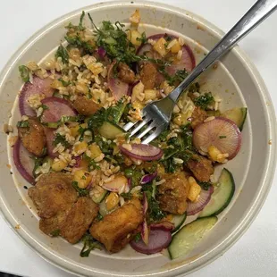 The staff carefully curated a delicious bowl. I also got some moon fries on the side, which came hot, just the way I like it!