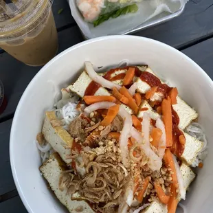 Lemongrass Seasoned Tofu Saute Bowl + Vietnamese Iced Coffee + Shrimp Spring Roll