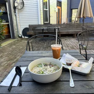 Beef Pho, Shrimp Spring Roll, Vietnamese ice tea.