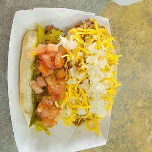 Chicago dog and chili cheese coney