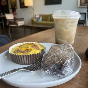 Bacon quiche, banana bread with walnuts, and a blue moon iced coffee (blueberries and cream coffee)