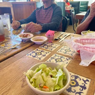 Salads and my dad ready for them steak fingers!