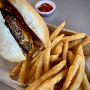 Western burger w/bbq sauce and a couple onion rings on the burger. We shared one order of fries which was the perfect amount