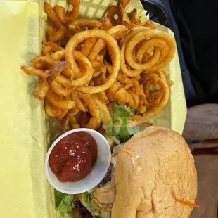 El Diablo Burger with curly fries