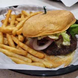 Blue Moon Burger with Fries.