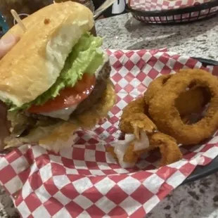 Burger and onion rings