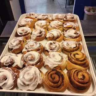 Fresh cinnamon rolls out of the oven.