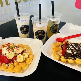 From left to right: Wintermelon Milk Tea, House Milktea, and Kumquat Tea &amp; 2 customized waffles