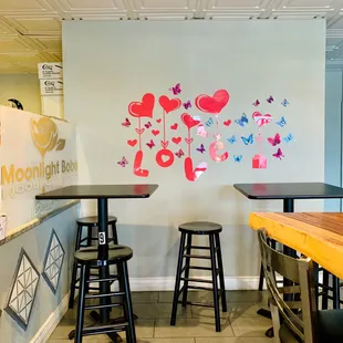 tables and stools in a restaurant