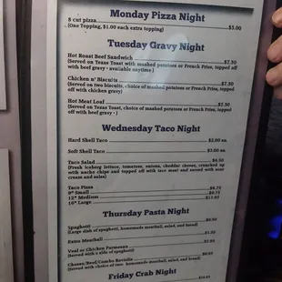 the menu for the night's specials