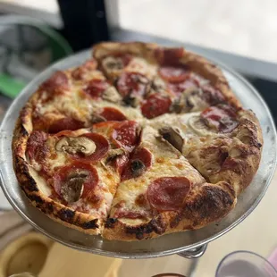 a pizza with pepperoni and mushrooms