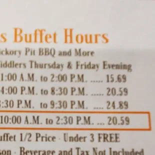 Buffet hours/prices