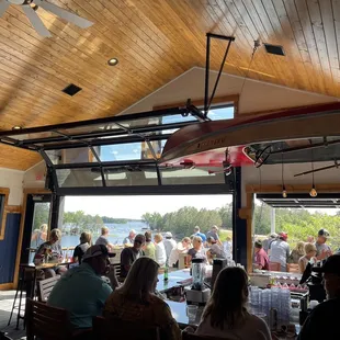 View out one side of the second-floor garage doors looking out over the lake