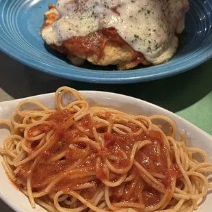 Chicken Parmigiana with a side of spaghetti