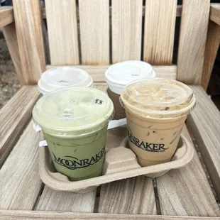 Matcha, iced vanilla latte, chai, mocha.