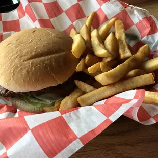 a hamburger and fries