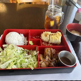 Lunch 2 item Bento box (Chicken breast teriyaki &amp; crunchy California Roll) comes with chicken salad, rice, and soup.
