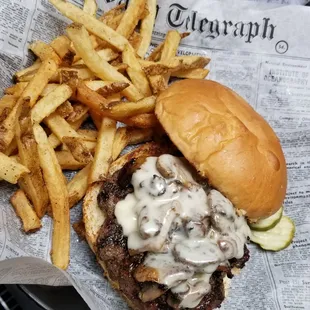 Mushroom and Swiss -all of our burgers are hand pattied everyday and are 1/2lb