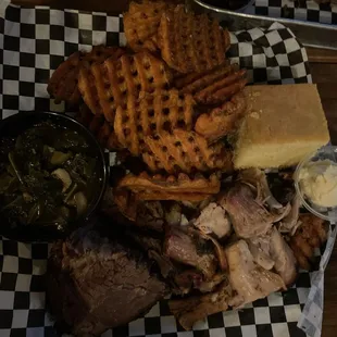 2 meat dinner (beef brisket &amp; pulled pork with sweet potato fries, collard greens and cornbread!