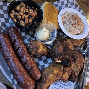 2 meat combo with potato salad and beans