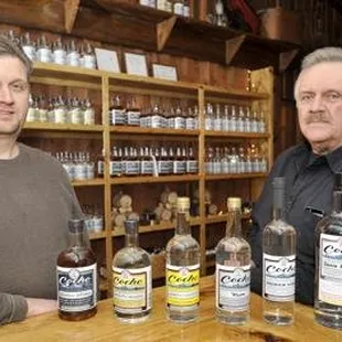 two men standing in front of bottles