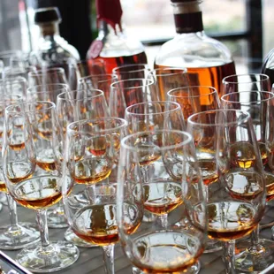 Pouring whiskey samples for sensory training.