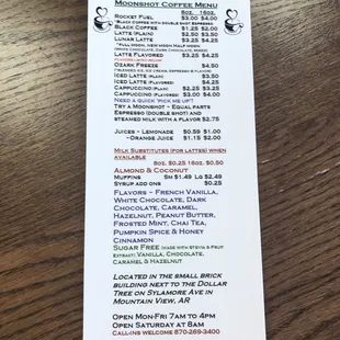 the menu and prices