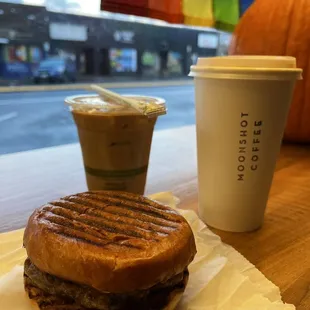 Hazelnut Latte, Vanilla Latte and Sausage Egg Sandwich