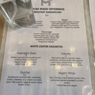 Current menu and prices