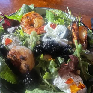 Seasonal Salad with tiger prawns, hazelnuts, ricotta and blackberries. AMAZING.