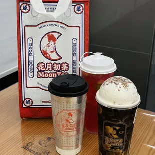 Lychee milk tea (left), White champaca with whipped cream &amp; pecans (right), Roselle peach lemon tea (back)