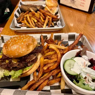Bacon Burger with a side of fries and extra for a side salad