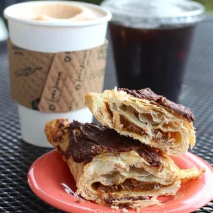 Inside of Pumpkin Chocolate Turnover ($4, not good), Chaider ($5.25, tastes like apple juice), Cold Pressed Coffee ($3.85, good)