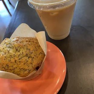 Lemon poppyseed muffin and iced latte